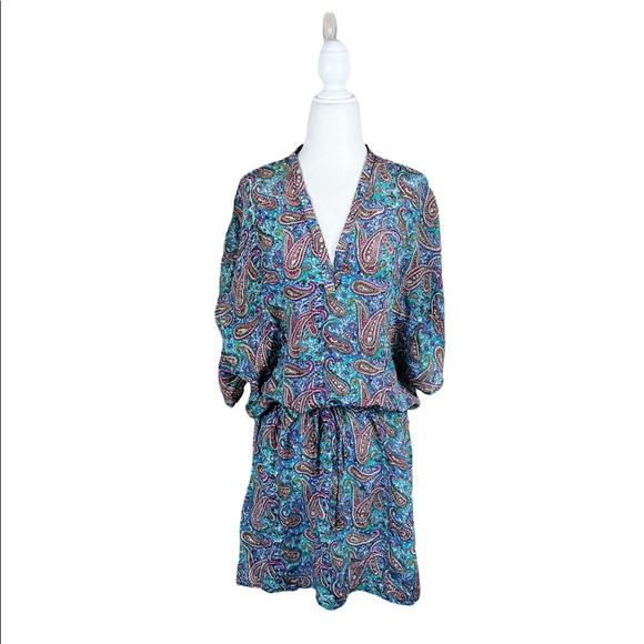Tolani Paisley Print  Teal Tassel Silk Mini Dress Cover Up - Picture 1 of 9